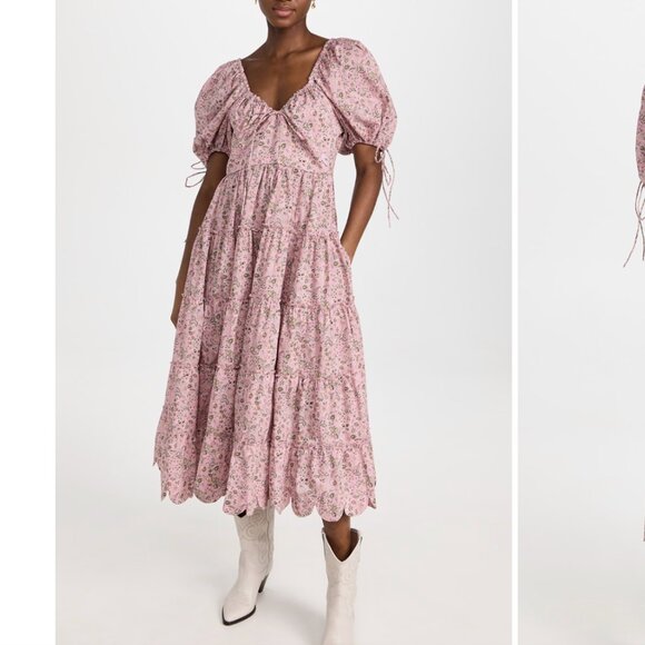 HORROR VACUI Freja Dress Kazusa Floral Pink Dress maxi long puff sleeve L Large